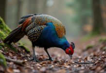 Alimentation du faisan noir : régime et mœurs alimentaires Faisan noir adulte cherchant des graines dans la forêt
