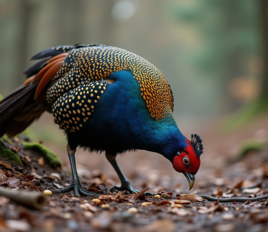 Alimentation du faisan noir : régime et mœurs alimentaires Faisan noir adulte cherchant des graines dans la forêt