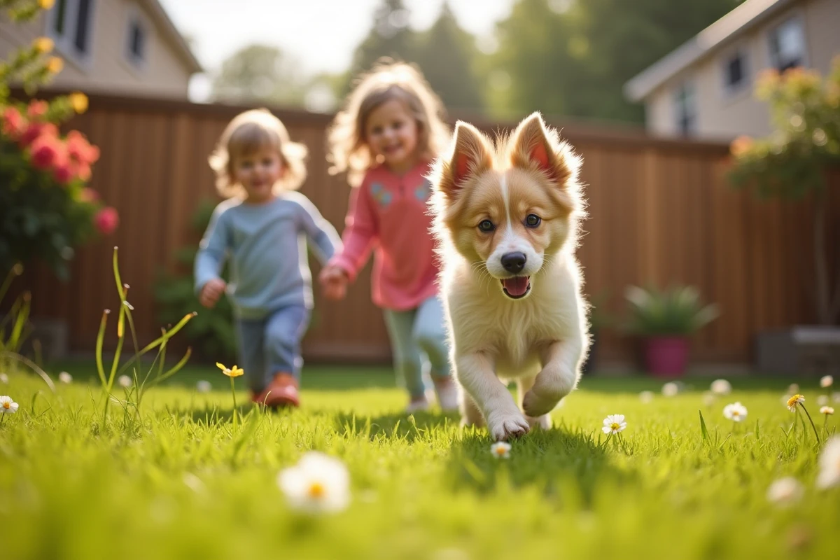Famille jouant avec un chien dans le jardin ensoleille