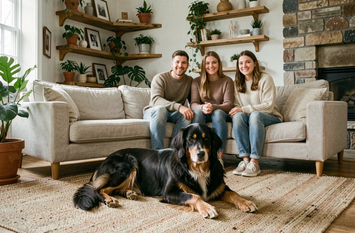 Famille réunie avec un chien Eurasier dans un salon chaleureux et moderne