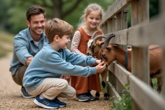 Famille souriante caressant des chèvres à Arche de Méo