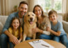 Famille heureuse avec animaux à la maison pour assurance