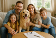 Famille heureuse avec animaux à la maison pour assurance