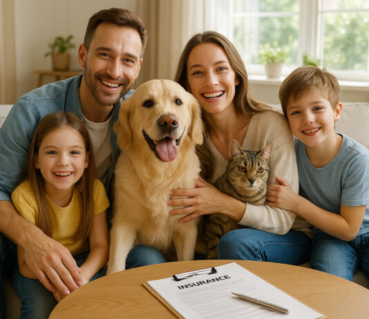 Famille heureuse avec animaux à la maison pour assurance