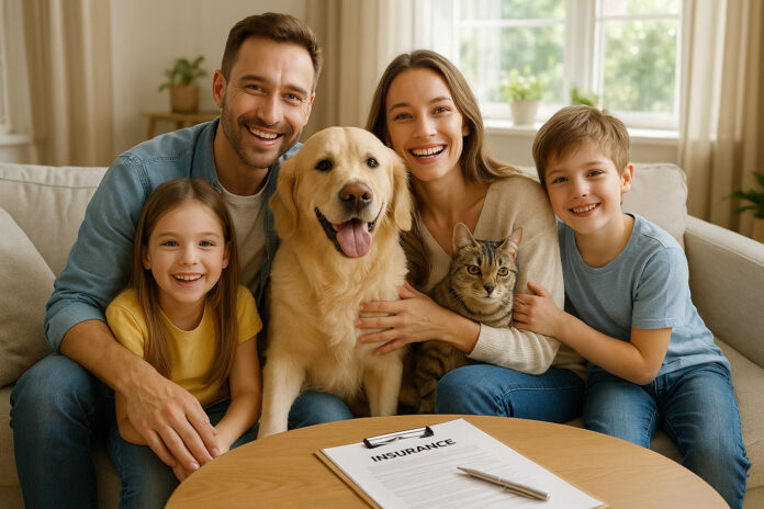 Famille heureuse avec animaux à la maison pour assurance