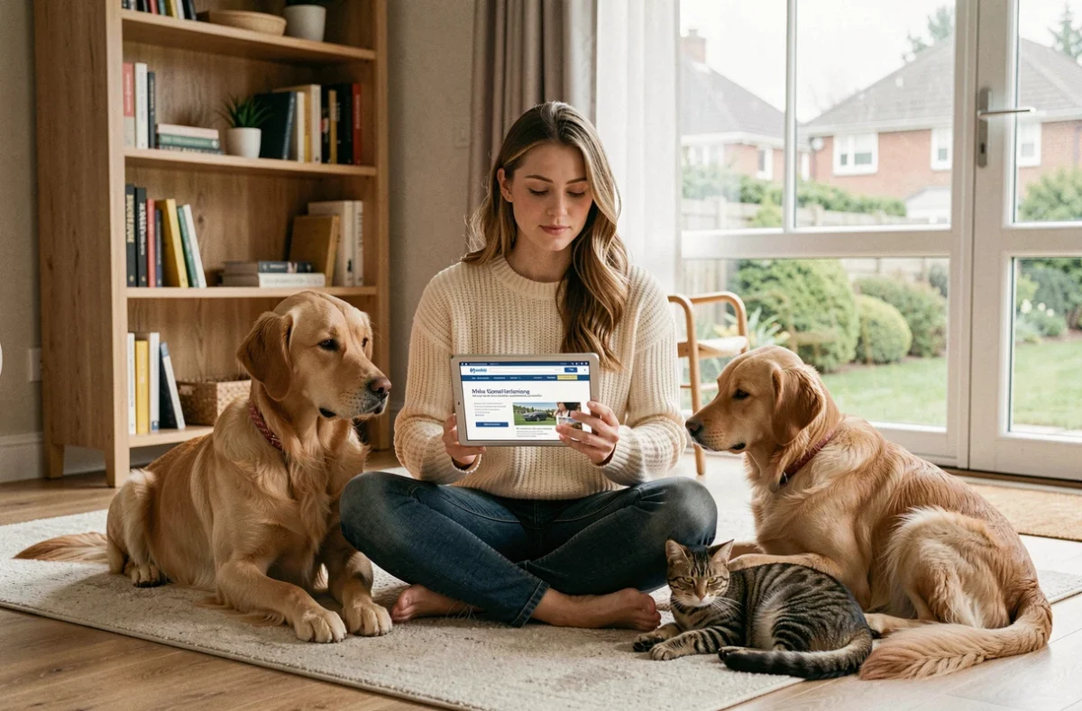 Femme entourée de plusieurs animaux de compagnie consultant une assurance animaux sur tablette à la maison