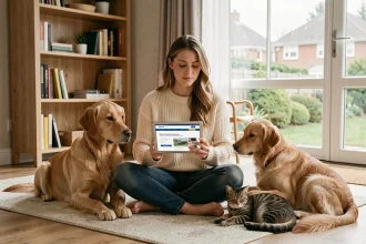 Femme entourée de plusieurs animaux de compagnie consultant une assurance animaux sur tablette à la maison