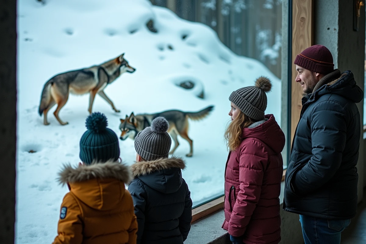 Famille observant les loups gris derrière la vitre du parc animalier de Strasbourg en hiver