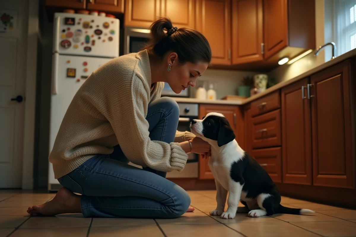 Femme réconfortant son chiot dans la cuisine la nuit