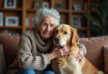 Femme agee caressant un chien doré dans un salon chaleureux