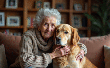 Euthanasie canine : quand et comment prendre la décision ? Femme agee caressant un chien doré dans un salon chaleureux