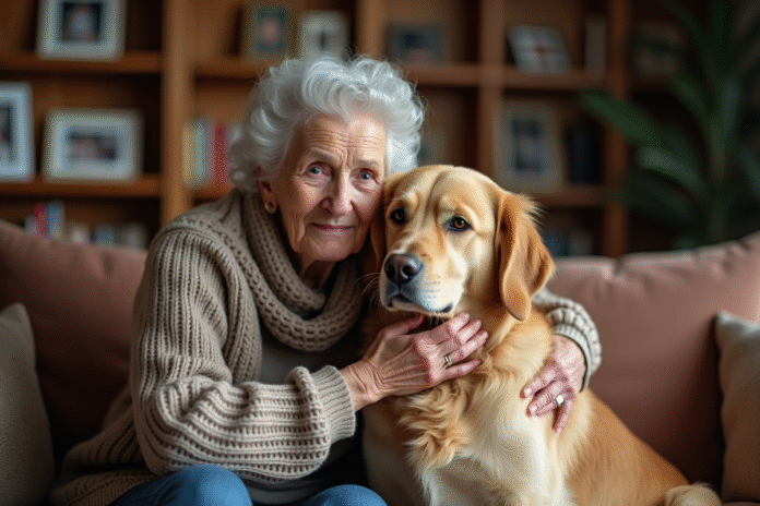 femme-agee-chien-domicile Femme agee caressant un chien doré dans un salon chaleureux