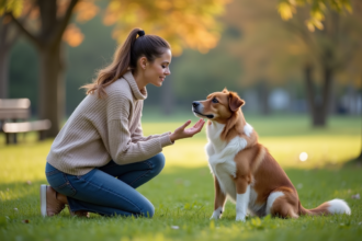 Femme avec chien dans un parc naturel en extérieur
