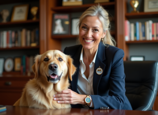 ASPCA : Qui est la personne à la tête de l’association pour la prévention de la cruauté envers les animaux ? Femme en blazer navy avec pin ASPCA caressant un golden retriever