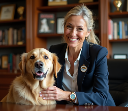 ASPCA : Qui est la personne à la tête de l’association pour la prévention de la cruauté envers les animaux ? Femme en blazer navy avec pin ASPCA caressant un golden retriever