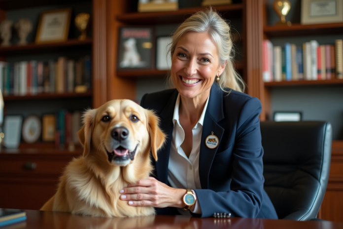 femme-animaux-association Femme en blazer navy avec pin ASPCA caressant un golden retriever