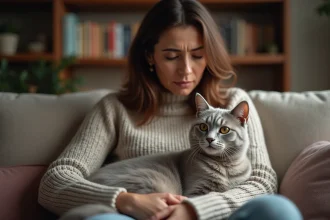 Femme examinant un chat inquiet sur ses genoux