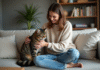 Femme rassurant son chat tabby dans un salon moderne