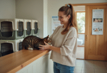 Prix pension chat par jour : tarif et coût des garderies félins Femme souriante plaçant son chat dans un centre de garde