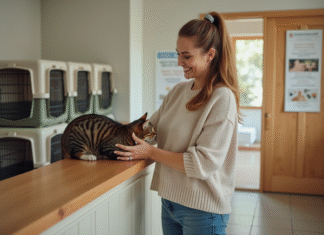 Prix pension chat par jour : tarif et coût des garderies félins Femme souriante plaçant son chat dans un centre de garde