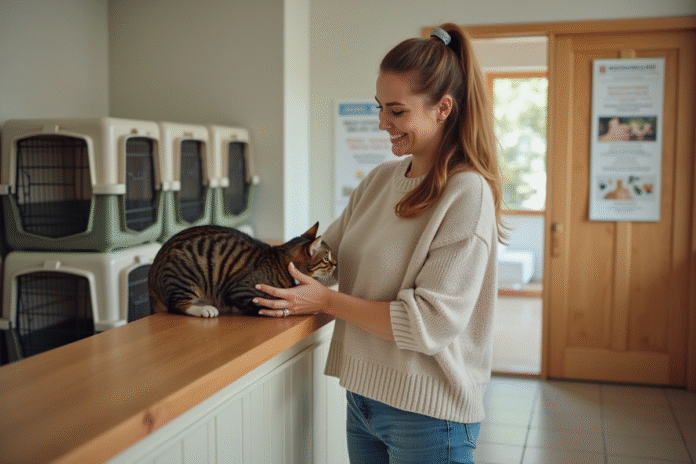 femme-avec-chat-boarding Femme souriante plaçant son chat dans un centre de garde