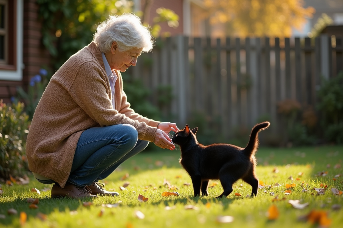 Femme âgée caressant un chat noir dans son jardin en automne
