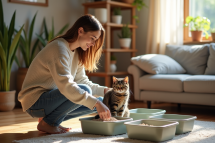 Jeune femme verse de la litière pour chat dans un salon lumineux