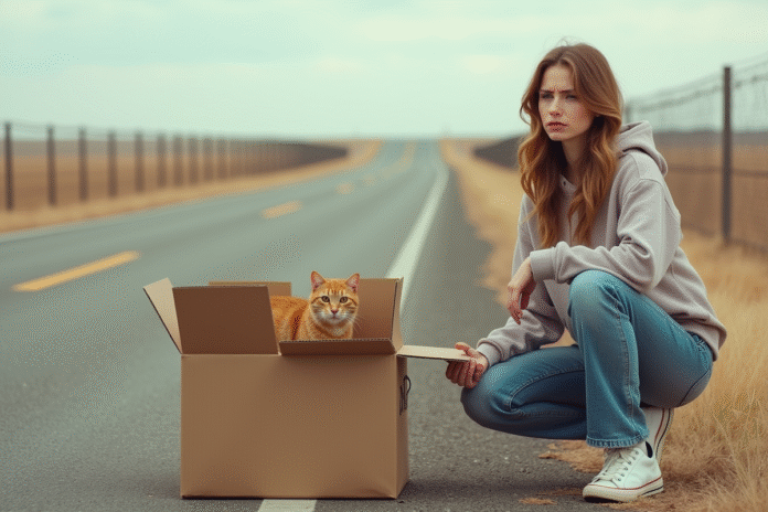 Jeune femme avec chat dans un paysage rural désertique
