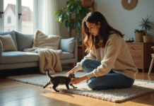 Corriger les bêtises d’un chaton : conseils pour une éducation réussie Jeune femme guidant un chaton gris dans un salon chaleureux