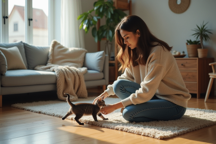 femme-avec-chaton-cozy Jeune femme guidant un chaton gris dans un salon chaleureux