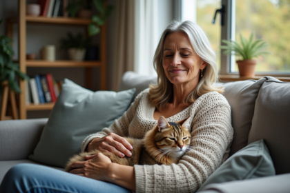 Femme souriante avec chaton dans un salon lumineux