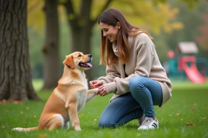 Femme souriante avec un chiot golden retriever dans un parc