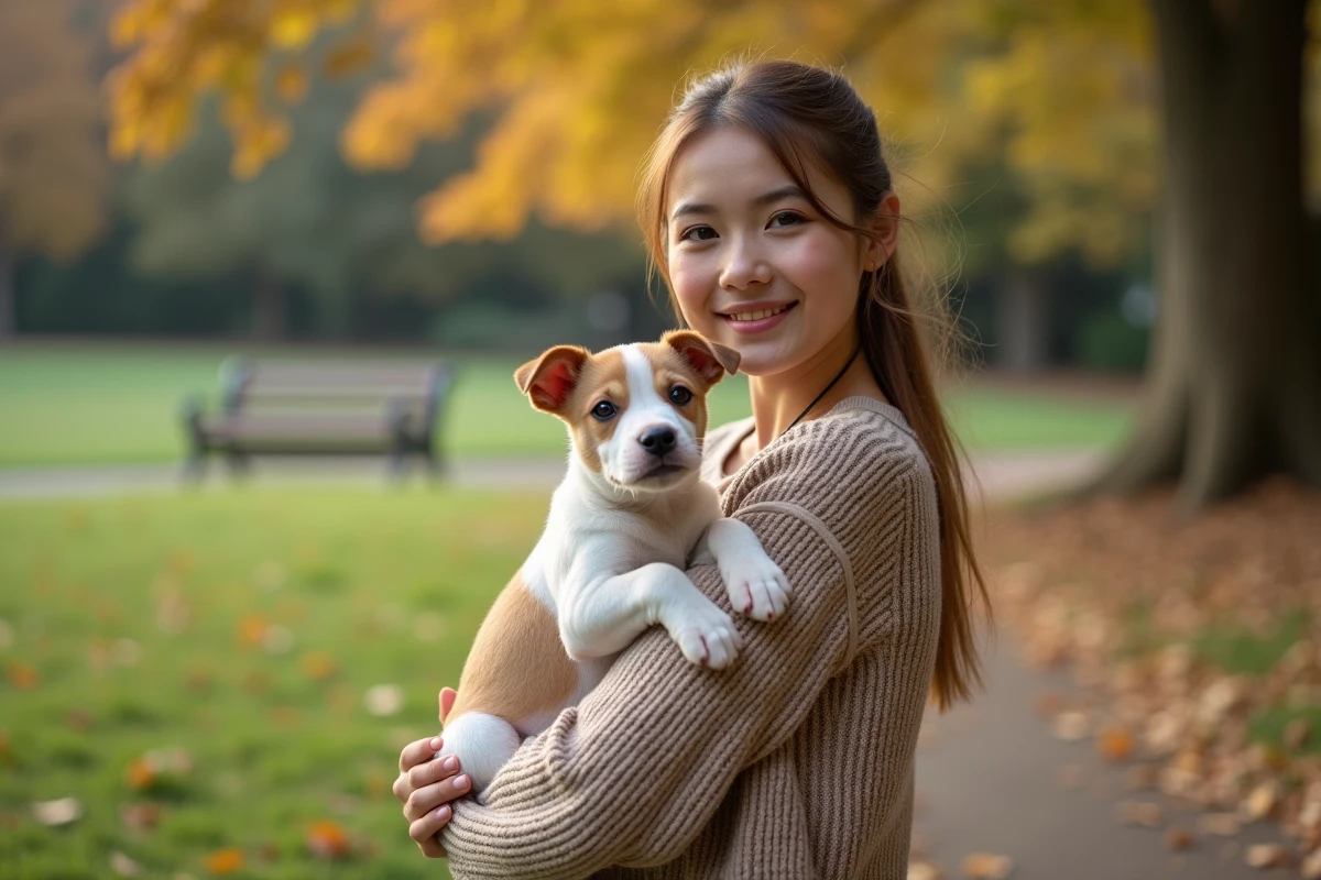 Femme tenant un chiot bull terrier dans un parc en automne