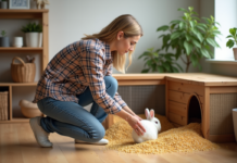 Litière de maïs ou de blé : quelle est la meilleure option pour votre animal ? Femme posant près d’un clapier à lapins en train de verser de la litière de maïs