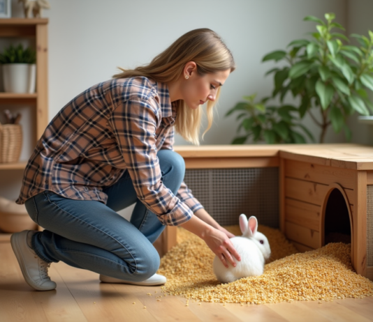 Litière de maïs ou de blé : quelle est la meilleure option pour votre animal ? Femme posant près d’un clapier à lapins en train de verser de la litière de maïs