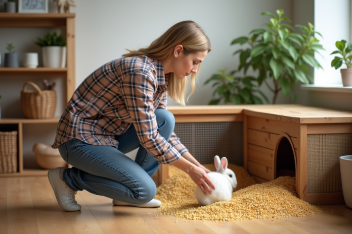 femme-bain-bedding-rabbit Femme posant près d’un clapier à lapins en train de verser de la litière de maïs