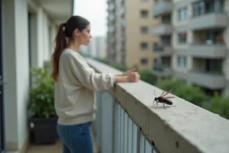 Femme sur balcon regardant un insecte noir posé sur la rambarde