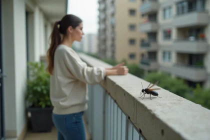 Femme sur balcon regardant un insecte noir posé sur la rambarde