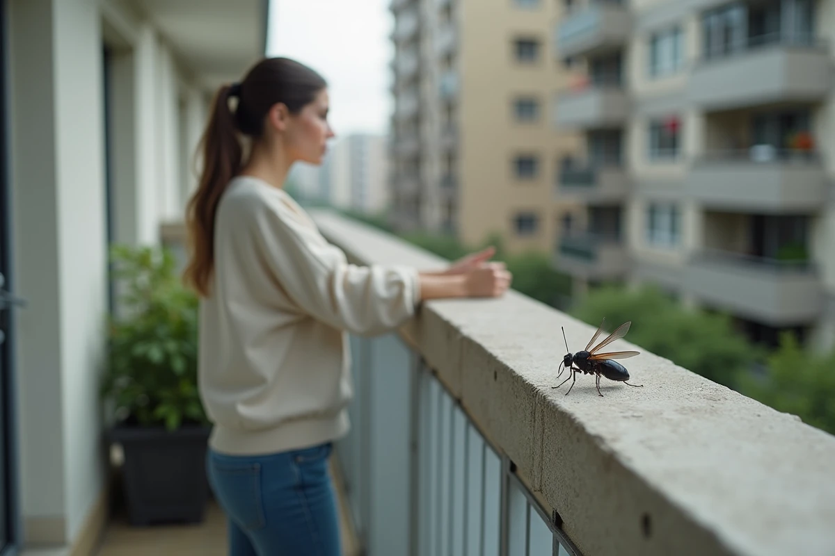 Femme sur balcon regardant un insecte noir posé sur la rambarde