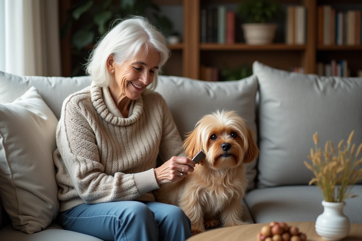Femme âgée brossant son chien dans le salon chaleureux