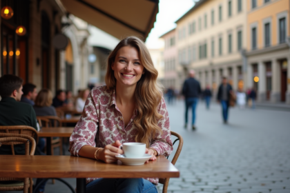 Femme souriante dans un café en ville avec amis