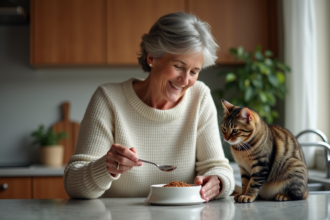 Femme douce donnant à manger à son chat dans la cuisine