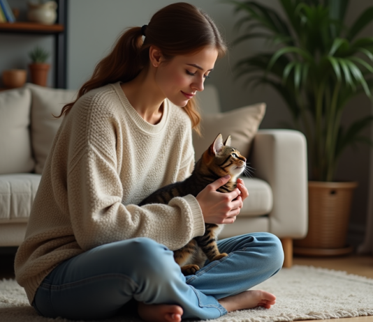 Sons des chats : comprendre leurs vocalises pour boules de poils Femme d'âge moyen caressant un chat tigré dans un salon chaleureux