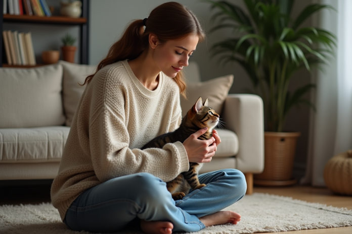 femme-chat-cosy Femme d'âge moyen caressant un chat tigré dans un salon chaleureux