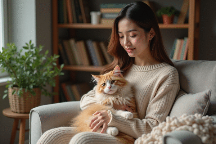 Femme élégante caressant un chat dans un salon cosy