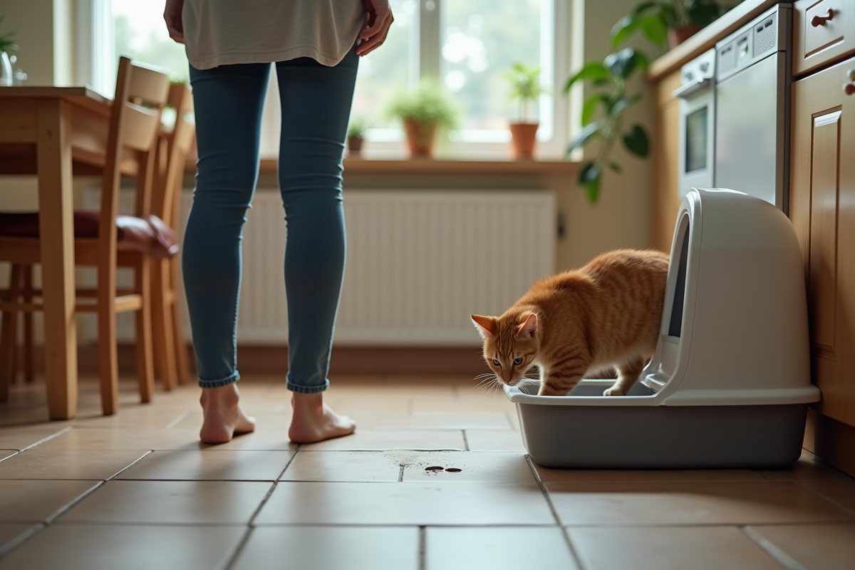 Jeune femme observe un chat ginger uriner près de la litière