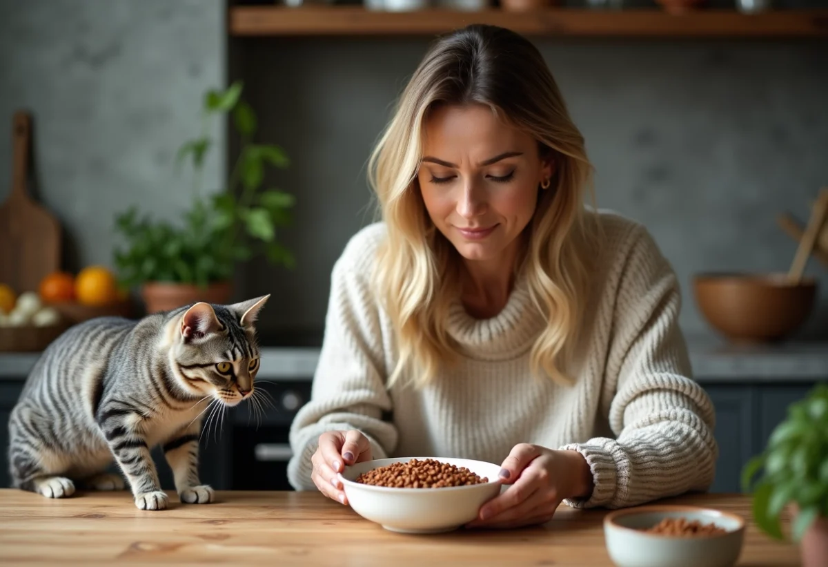 Femme dans une cuisine rustique donne nourriture naturelle à son chat