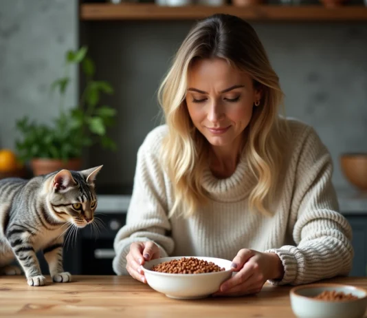 Nourriture naturelle pour chats : bien choisir leur alimentation pour leur santé ! Femme dans une cuisine rustique donne nourriture naturelle à son chat