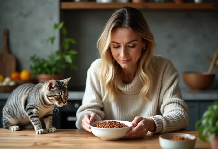 femme-chat-naturel-alimentation Femme dans une cuisine rustique donne nourriture naturelle à son chat
