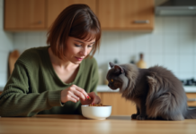 Chat difficile : réussir la transition alimentaire en douceur ! Femme donnant de la nourriture à son chat dans la cuisine